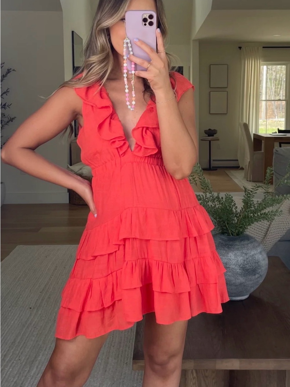 Ruffled Tiered Mini Dress in Red Coral